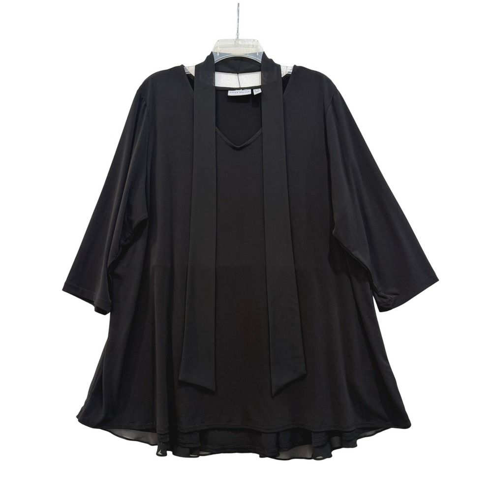 Susan Graver Liquid Knit V-Neck Scarf Tie Tunic Top Black Size 2X